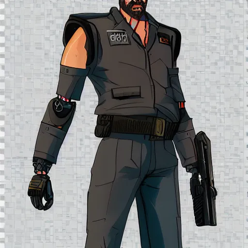 Image similar to character design policeman, concept art character, very high angle view, one arm of the robot body, book cover, very attractive man with beard, walking in cyberpunk valley highly detailed full body, strong masculine features, sturdy body, command presence, policeman!!, royalty, smooth, sharp focus, organic, appealing, deep shadows