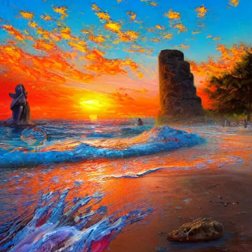 Image similar to acrylic painting, impressionism and expressionism, strong emotional impact, bold pastel colors, expressive brushstrokes. by peter mohrbach and mark keathley. fantasy illustration of the shore of the island of monuments and statues. spectacular sunset, stone monuments on the beach. beautiful and vivid trending on artstation hq 8 k contest winner # wow