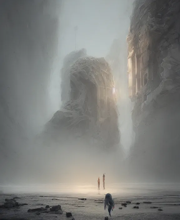 Image similar to surreal epic, masterpiece, romantic soct white exploration base, ancient ochre palette, impossible architecture by ruan jia, mecha floor, futuristic, blame, white architecture in the beach in iceland, foggy, highly detailed, digital painting, arstation, concept art, hyperealistic octane render, unreal engine