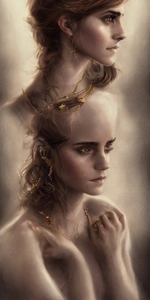 Image similar to realistic character concept, emma watson with lots of jewelry in the face, elegant pose, scifi, illustration, slender symmetrical face and body, artstation, cinematic lighting, hyperdetailed, cgsociety, 8 k, high resolution, charlie bowater, tom bagshaw, single face, insanely detailed and intricate, beautiful, elegant, golden ratio, dark fractal background, vfx, postprocessing
