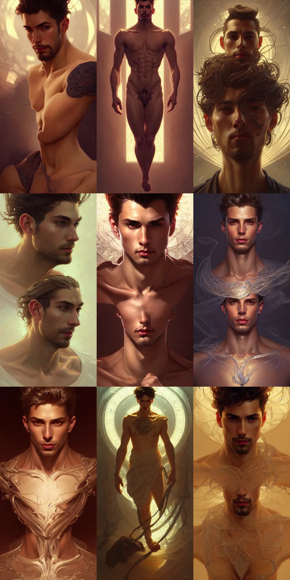 Image similar to clear portrait of a lonely attractive men, hyper detailed, character concept, full body, dynamic pose, glowing lights!! intricate, elegant, highly detailed, digital painting, artstation, concept art, smooth, sharp focus, illustration, art by artgerm and greg rutkowski and alphonse mucha