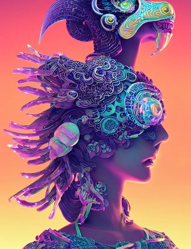 Image similar to 3 d goddess close - up profile solarpunk portrait ram skull. beautiful intricately detailed japanese crow kitsune mask and clasical japanese kimono. betta fish, jellyfish phoenix, bio luminescent, plasma, ice, water, wind, creature, artwork by tooth wu and wlop and beeple and greg rutkowski