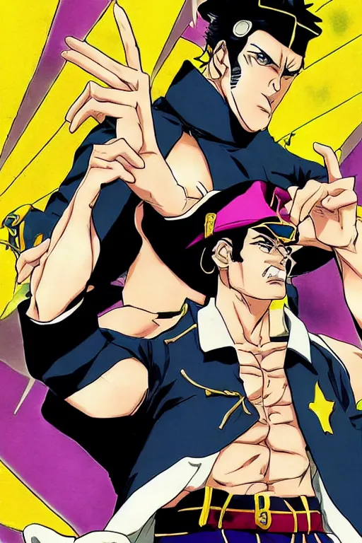 Prompt: manga cover, jotaro vs dio, art by hirohiko araki, vogue outfit, dynamic pose, action pose, muscular, cel - shading coloring