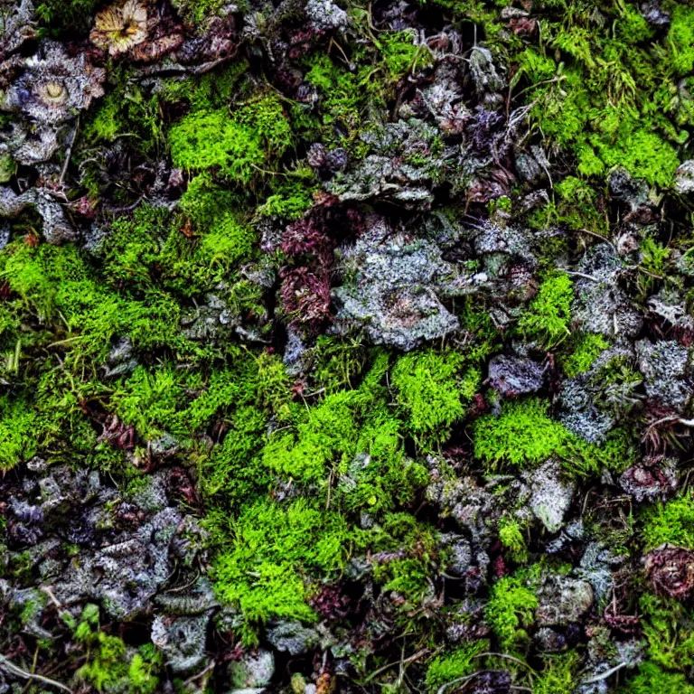 Image similar to a drawn picture lichens and moss close-up various fungus, mushrooms and plants, Atmospheric phenomenon, artistic photography, muted colors, conceptual, long exposure outside the city