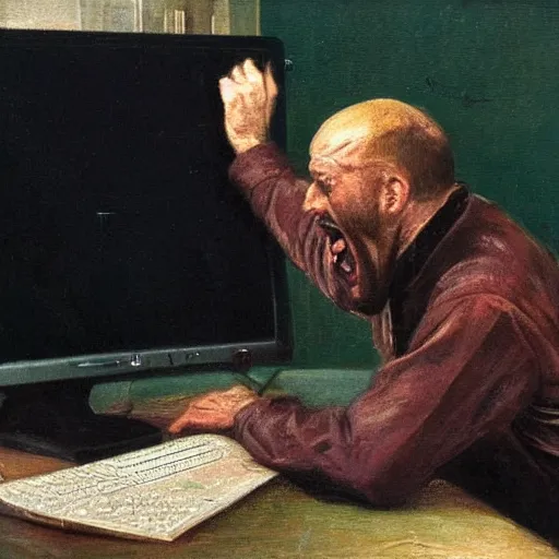 Image similar to an angry man yells at his computer monitor, oil on canvas, 1 8 8 3, highly detailed