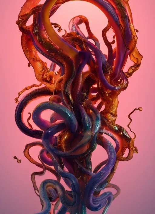 Prompt: subsurface scattering, medusa made of soft wax, cgsociety, translucent, organic squid art nouveau swirls, biomechanical, colored smoke, gold cables, in the style of alberto seveso and ruan jia and beeple and giger, mystical colors, back light, rim light, dramatic lighting, 8 k, stunning scene, raytracing, octane render