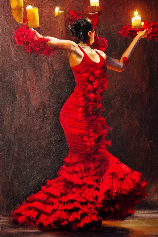 Image similar to oil painting of spanish flamenco dancer in mallorca wearing a red dress made of flowers, dimly lit by candles on the ground, photo realistic, extreme detail skin, no filter, slr, 4 k, high definition