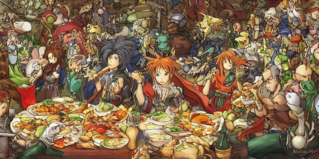 Image similar to A feast for The Moggles of FF6, very detailed, anime, Delicious, Plump, Juicy, Hot Food, large white border, hd, 8k, Unreal Engine 5, high resolution print :1 by Hayao Miyazaki, Nausicaa, studio Ghibli style, Anime wallpaper, cell shading, trending on deviant art :1