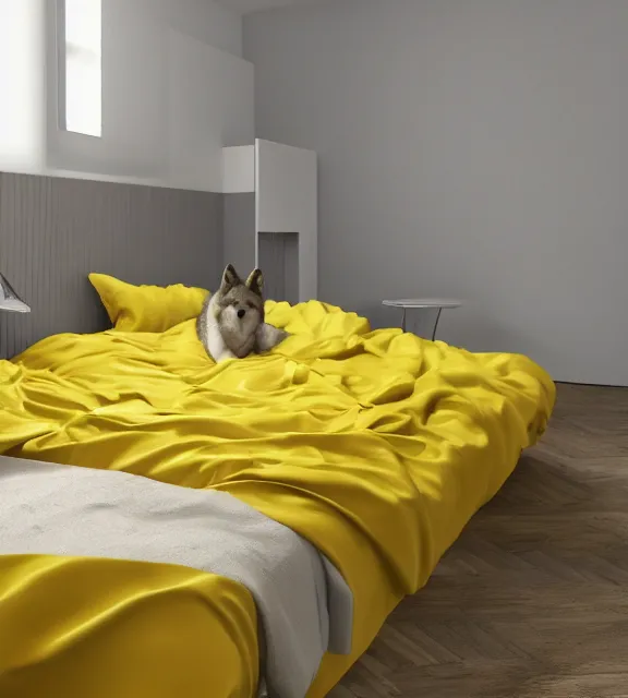 Prompt: a 4 k photorealistic photo of a wolf sitting on a bed in a yellow room