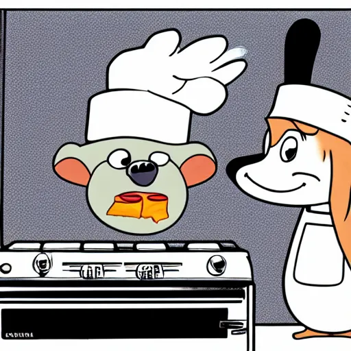 Prompt: manga cute platypus on a kitchen wearing a chef hat and holding a lasagna into an oven, manga style