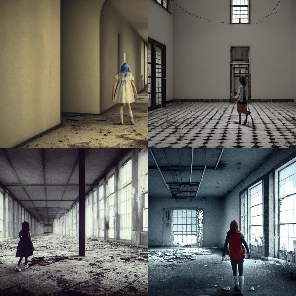 Prompt: A lonely girl wandering a dark and decaying school, octane render, 8k, high detail