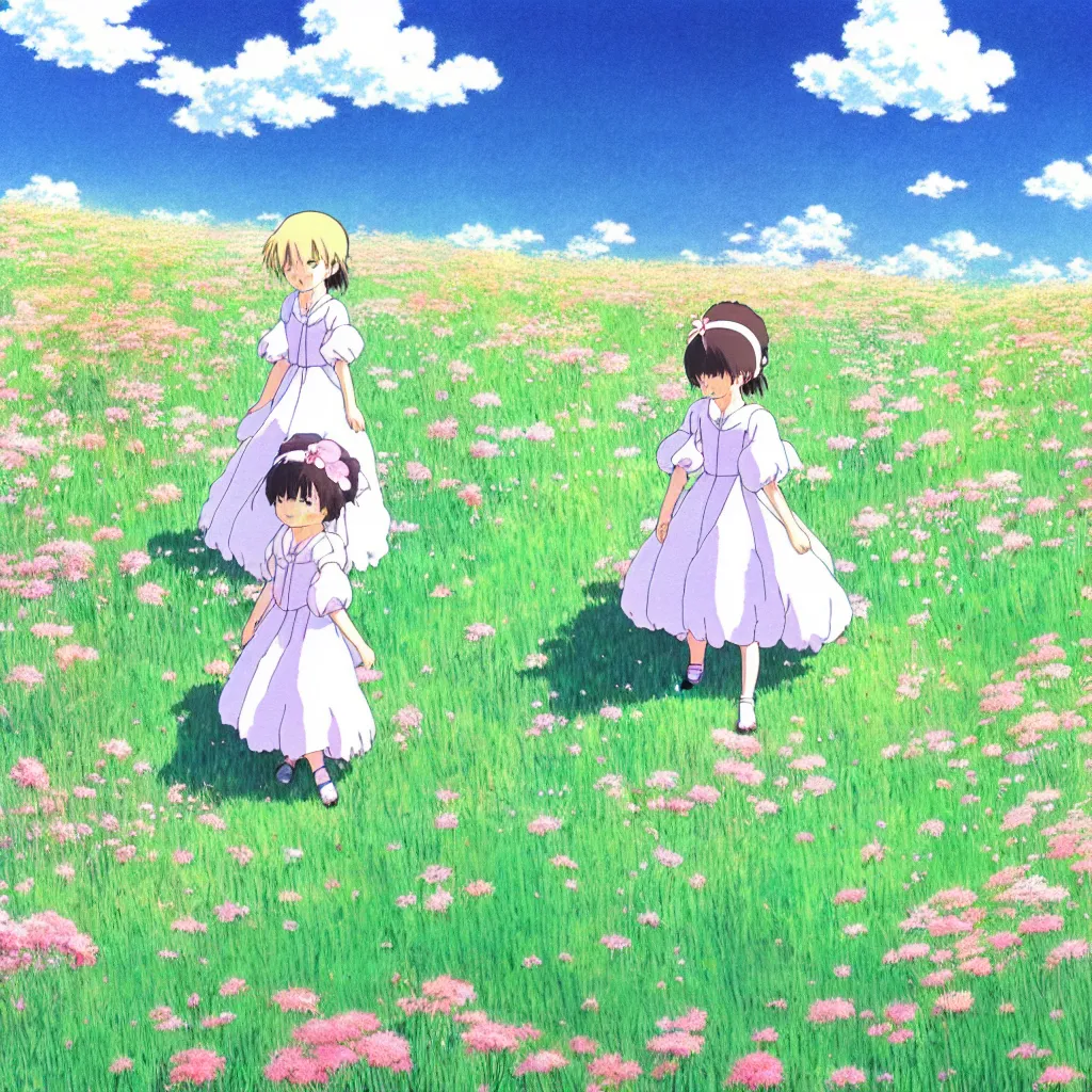 Image similar to little girl in princess dress, walking through a field of flowers, puffy clouds, beautiful, summer, calm, studio ghibli, art by hayao miyazaki, makoto shinkai