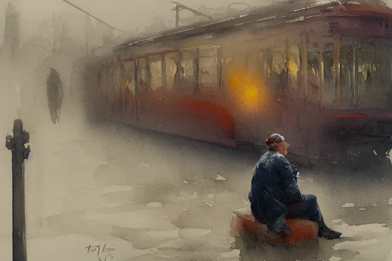 Image similar to small centered on watercolor paper, paint brush strokes, abstract watercolor painting of old man sitting on tram, poor and rugged, foggy dawn, morning dew, cinematic light, national romanticism by hans dahl, by jesper ejsing, by anders zorn, by greg rutkowski, by greg manchess, by tyler edlin