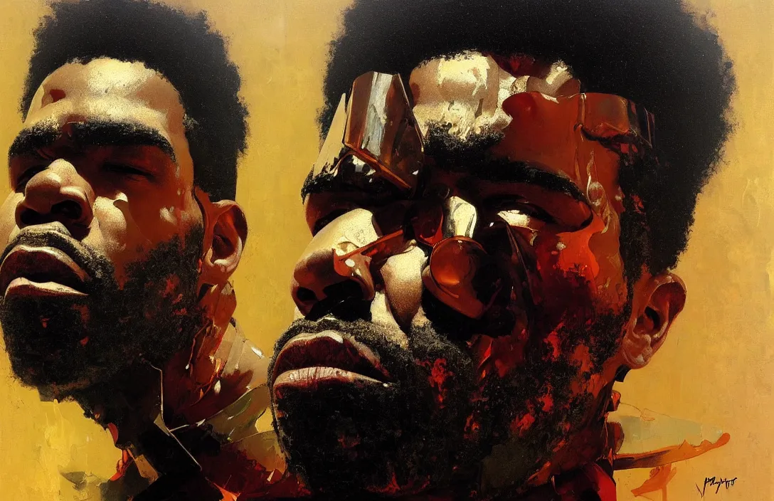 Image similar to portrait of pharoahe monch!!!!!!!!!!!!!!!!!!!!!!!!!!!, detailed face, detailed painting,, epic lighting, by ilya repin, phil hale and kent williams