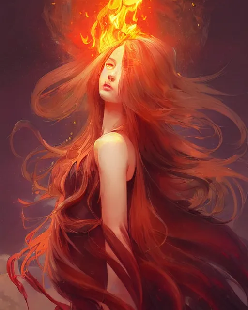 Prompt: beautiful long haired anime girl, fire dress, flames everywhere, highly detailed, digital painting, artstation, concept art, smooth, sharp focus, illustration, art by artgerm and greg rutkowski and alphonse mucha