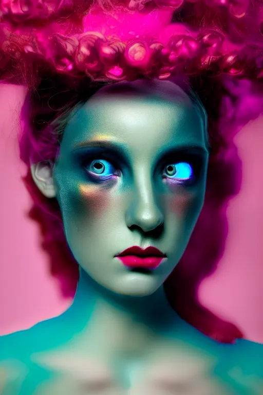 Image similar to surrealist very detailed rococo portrait of woman with iridescent eyes and pink mouth matte painting concept art key sage very dramatic dark teal lighting wide angle hd 35mm shallow depth of field 8k