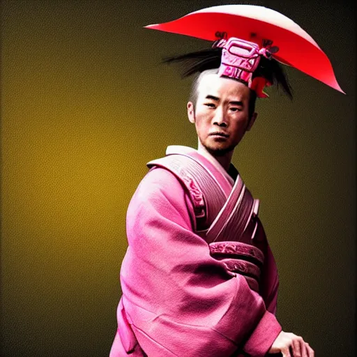 Image similar to a dramatic digital painting of a samurai with a pink birthday hat