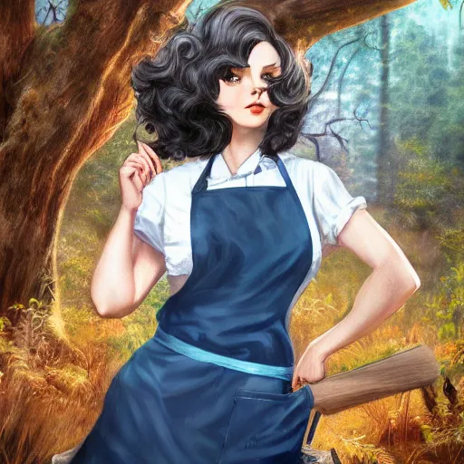 Image similar to a portrait of a 1 9 6 0 s woman with curly black hair and blue eyes, and an apron in the forest, dynamic lighting, fantasy concept art, trending on art station, stunning visuals, cinematic, ultra detailed