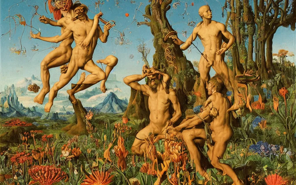 Image similar to a portrait photograph of a meditating satyr and a centaur monk riding a rocket machine and hunting at a river delta. surrounded by bulbous flowers and trees. mountain range under a blue sky of fiery stars. by jan van eyck, max ernst, ernst haeckel, ernst fuchs and artgerm, cgsociety, fashion editorial, 8 k