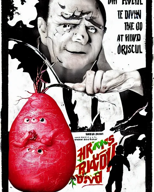 Prompt: A poster for a B-Movie about a giant radish that becomes possessed by the devil and terrorizes a small town