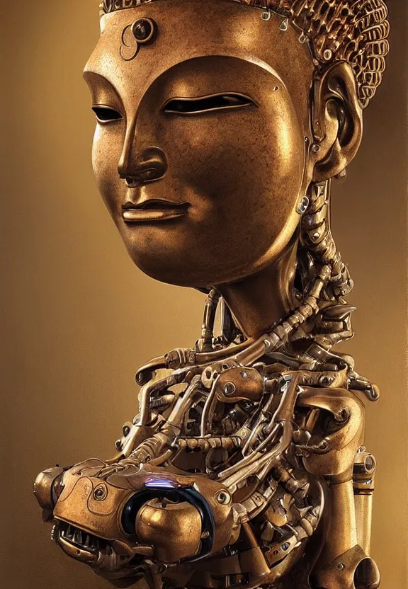 Prompt: a perfectly centered portrait of an alien biomechanical robot buddha, female, intense stare, sarcastic smile, volumetric lighting, volumetric shadows, highly detailed, realistic oil painting by tim hilderbrandt,