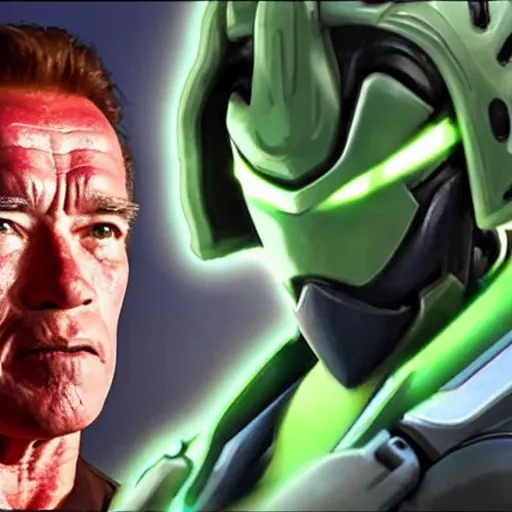 Image similar to a screenshot of arnold schwarzenegger as genji in overwatch