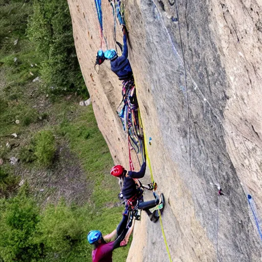 Prompt: rock climbing a multi pitch route, hyper realistic photo made by the lead climber, happy climbers enjoying a nice sunny day in a good mood