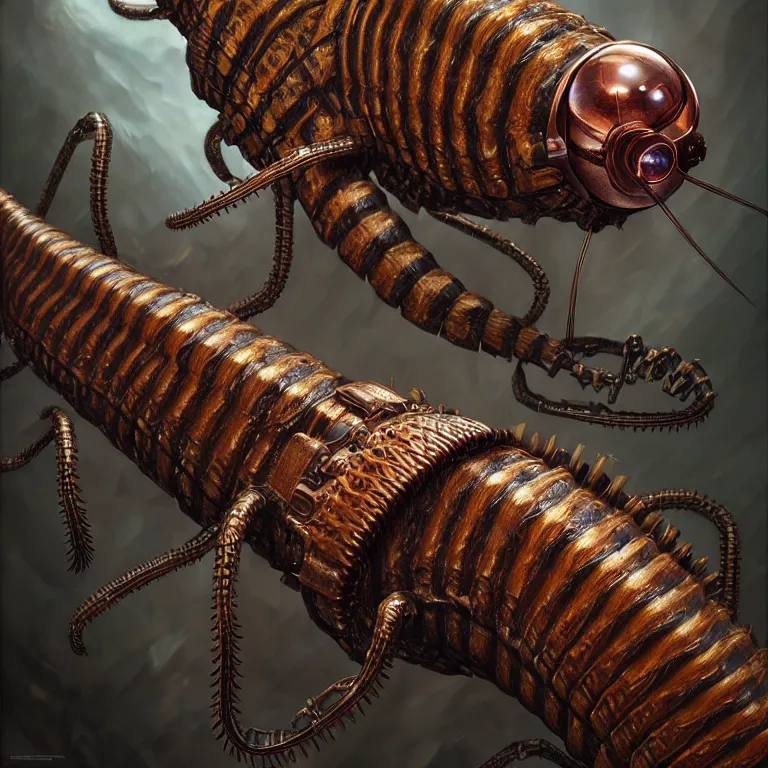 Prompt: steampunk scolopendra, 3 d model, unreal engine realistic render, 8 k, micro detail, intricate, elegant, highly detailed, centered, digital painting, artstation, smooth, sharp focus, illustration, artgerm, tomasz alen kopera, wlop