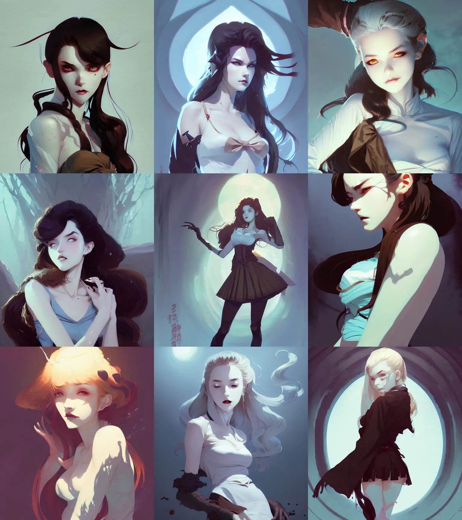 Prompt: portrait of a beautiful alluring immortal vampire wearing japanese school uniform by pan ren wei, by greg rutkowski, by greg tocchini, by james gilleard, by joe fenton, by kaethe butcher, by rick wade art, dynamic lighting, gradient light blue, brown, blonde cream and white color scheme, grunge aesthetic