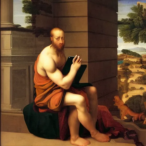 Image similar to a young man sitting on a white marble toilet attentively staring at his smartphone, distant thoughtful look, renaissance painting