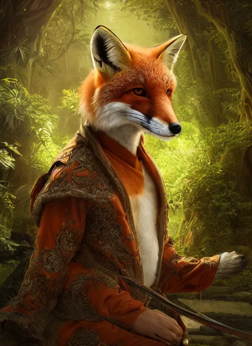 Prompt: Beautiful art portrait of a fox in monk clothing as a fantasy martial arts expert in a bright temple surrounded by lush forest, atmospheric lighting, intricate detail, cgsociety, hyperrealistic, octane render, RPG portrait, ambient light, dynamic lighting