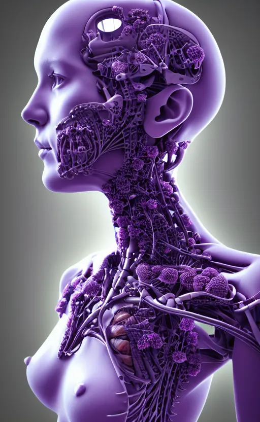 Image similar to 3D render of a beautiful profile face portrait of a female cyborg, 150 mm, flowers, Mandelbrot fractal, anatomical, flesh, facial muscles, wires, microchip, veins, arteries, full frame, microscopic, elegant, highly detailed, flesh ornate, elegant, high fashion, rim light, octane render in the style of H.R. Giger