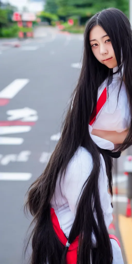 Image similar to a beautiful girl with long hair on japanese uniform high school waiting on a crosswalk daylight, 8 k