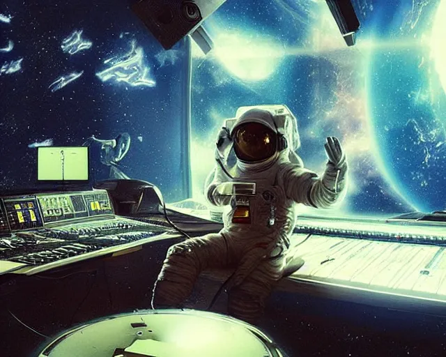 Image similar to an astronaut in a recording studio, looking at a glowing computer screen, using synthesizer, [ zero - gravity ]!!, [ everything is floating ]!!!, illustrated by greg rutkowski, [ digital art, synthwave art style ]!!, golden ratio!!, centered!!