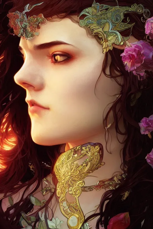 Image similar to close up portrait of goddes of rose, digital illustration, dramatic lighting, by artgerm and greg rutkowski and alphonse mucha