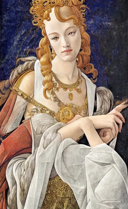 Image similar to beautifully painted mural, beautiful young synnth muse in ornate royal garment, transparent linen fabric, space opera, beautiful ornaments, highly detailed, glowing eyes, sci fi setting, vogue cover poses, fashion magazine, mural in the style of sandro botticelli, caravaggio, albrecth durer