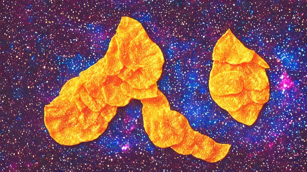 Prompt: psychedelic polaroid product photo of a perfectly shaped wavy ridged potato chip, levitating in the cosmic night sky