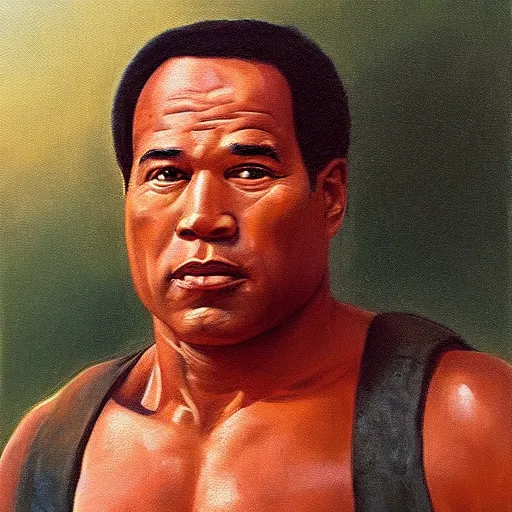 Image similar to Painting of OJ Simpson as the T-800 Art by william adolphe bouguereau. During golden hour. Extremely detailed. Beautiful. 4K. Award winning.