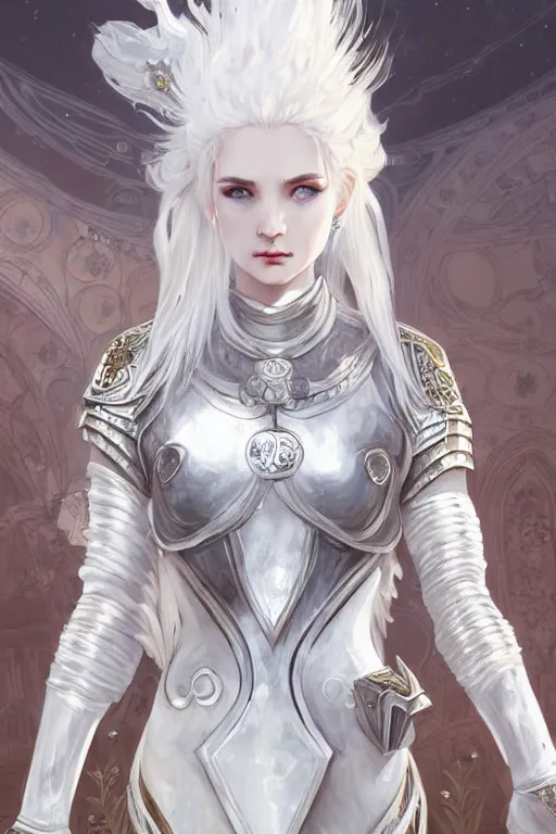 Image similar to portrait white hair knights of zodiac girl, matt white ice color armor, in ruined agora of athens, ssci - fi and fantasy, intricate and very very beautiful and elegant, highly detailed, digital painting, artstation, concept art, smooth and sharp focus, illustration, art by tian zi and wlop and alphonse mucha and ilya kuvshinov