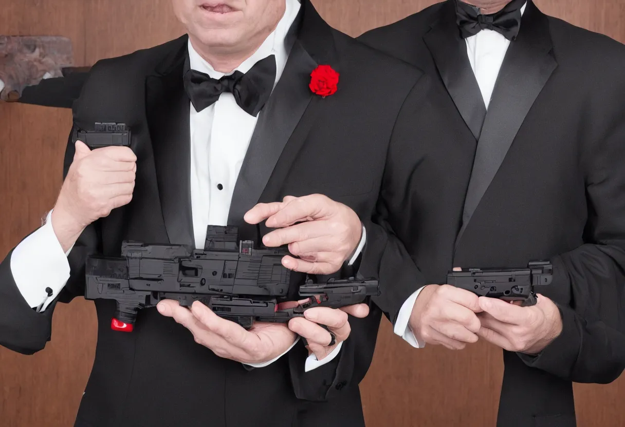 Prompt: 4k image of a bald man in a black tuxedo with a red tie holding a glock 17 with a suppressor