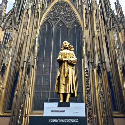 Prompt: a golden statue of bach standing infront of a german cathedral.