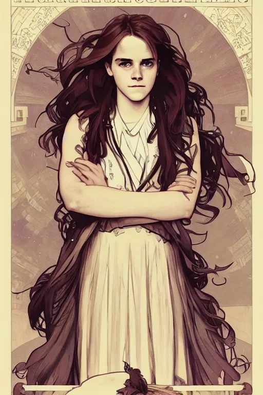 Image similar to Poster artwork, Emma Watson as Hermione Granger, medium shot, details, sharp focus, illustration, by Jordan Grimmer and Alphonse Mucha and greg rutkowski and PiNe(パイネ) and 薯子Imoko and 香川悠作 and maya takamura, intricate, beautiful, Trending artstation, pixiv, digital Art