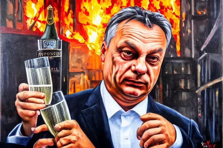 Image similar to viktor orban drinking champagne in front a burning city, highly detailed eyes, oil painting