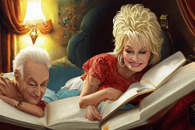 Prompt: portrait of dolly parton reading a bedtime story to bob barker in bed, an oil painting by ross tran and thomas kincade