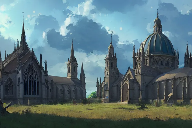 Prompt: concept art of a huge ornate church with lots of smaller chapels combined on top of a tank aka churchtank in an open field, key visual, ambient lighting, highly detailed, digital painting, artstation, concept art, sharp focus, by makoto shinkai and akihiko yoshida and greg manchess