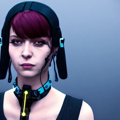 Image similar to realistic female character cyberpunk wearing technological collar around neck, realistic, art, beautiful, 4K, collar, choker, collar around neck, punk, artstation, detailed, female, woman, choker, cyberpunk, punk, collar, choker, collar around neck,