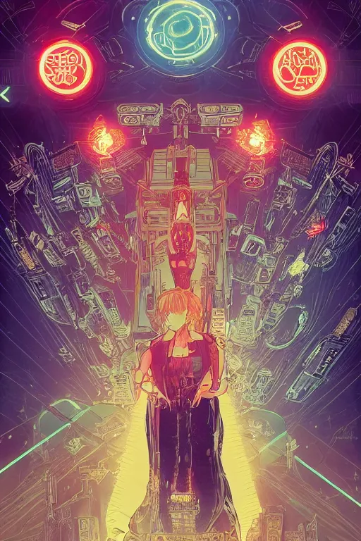 Image similar to white arc-angel with mystic robotic wings, blade runner, akira, ghost in the shell, 2077, style of Laurie Greasley and Satoshi Kon + symmetric lights and smoke, psychedelic effects , glowing particles, neon rain, glowing runes, de-noise, symmetrical composition, high detailed + tarot card, ornate border, 8k