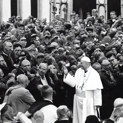 Prompt: the pope giving out communion to a large group of armed fascists in the 1930s, 8k