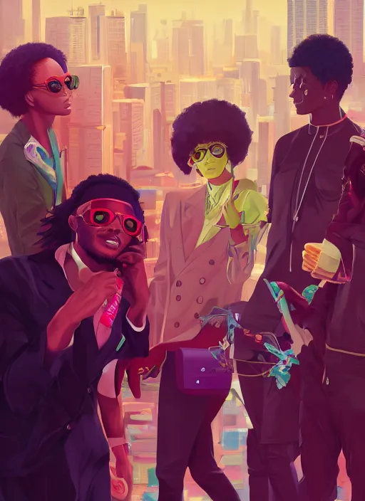 Image similar to afro - futurist hustlers, lavish lifestyle and money, expensive cars, fashionable, jacking the metaverse | hyperrealistic oil painting | by makoto shinkai, ilya kuvshinov, lois van baarle, rossdraws | afrofuturism, in the style of boondocks, trending on artstation | dark color scheme