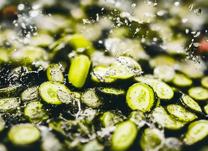 Prompt: photo still of lots of whole pickles falling from the sky, 8 k, 8 5 mm f 1. 8